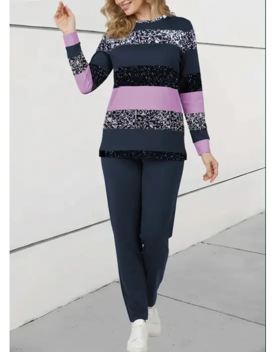 Kadın Uzun Kollu Bisiklet Yaka çizgili Desen Iki Iplik Bluz Ve Pantolon Ikili Takım