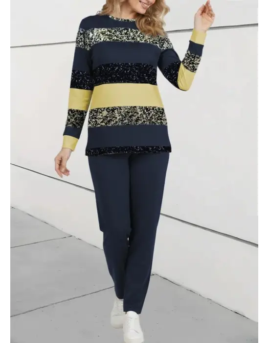Kadın Uzun Kollu Bisiklet Yaka çizgili Desen Iki Iplik Bluz Ve Pantolon Ikili Takım