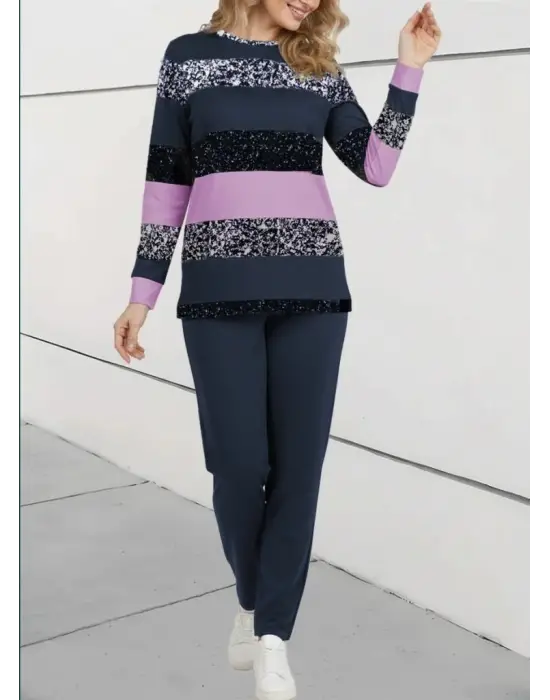 Kadın Uzun Kollu Bisiklet Yaka çizgili Desen Iki Iplik Bluz Ve Pantolon Ikili Takım