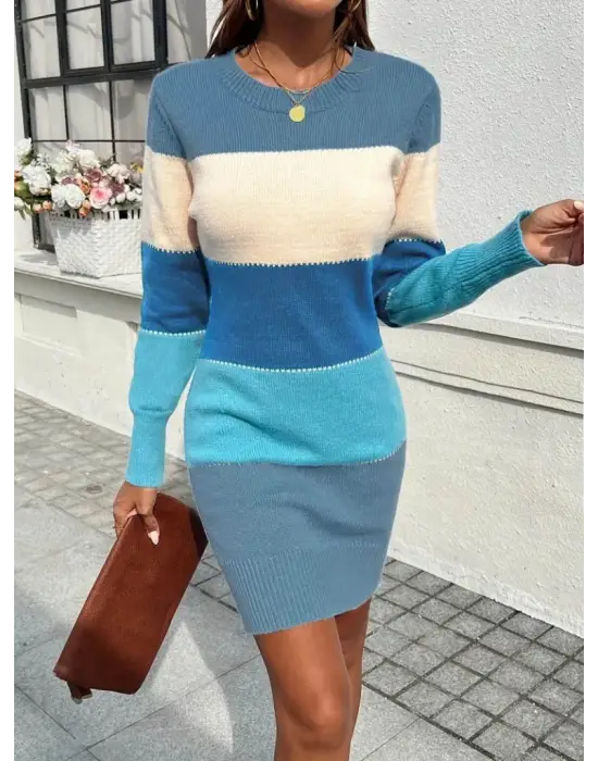 Kadın Uzun Kollu Bisiklet Yaka çizgili Kısa Triko Elbise