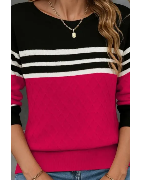 Kadın Uzun Kollu Bisiklet Yaka çok Renkli Triko Bluz