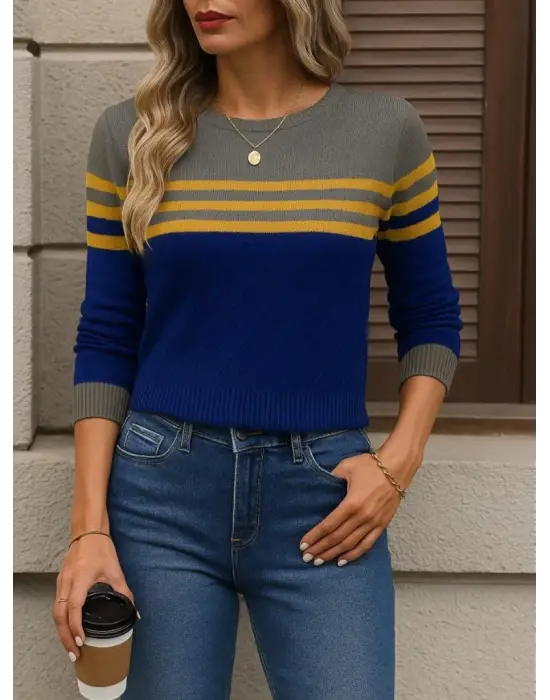 Kadın Uzun Kollu Bisiklet Yaka çok Renkli Triko Bluz