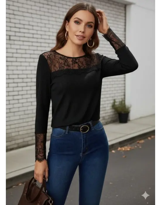 Kadın Uzun Kollu Bisiklet Yaka Dantel Detaylı Burgu Bluz