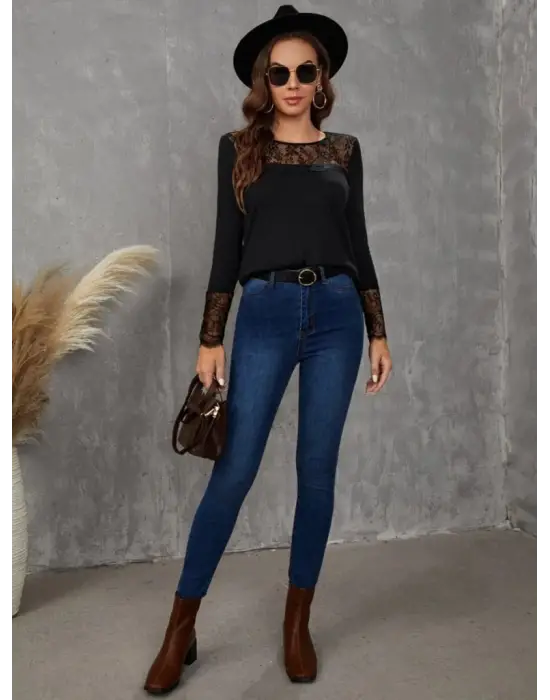 Kadın Uzun Kollu Bisiklet Yaka Dantel Detaylı Burgu Bluz