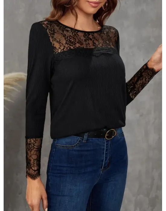Kadın Uzun Kollu Bisiklet Yaka Dantel Detaylı Burgu Bluz