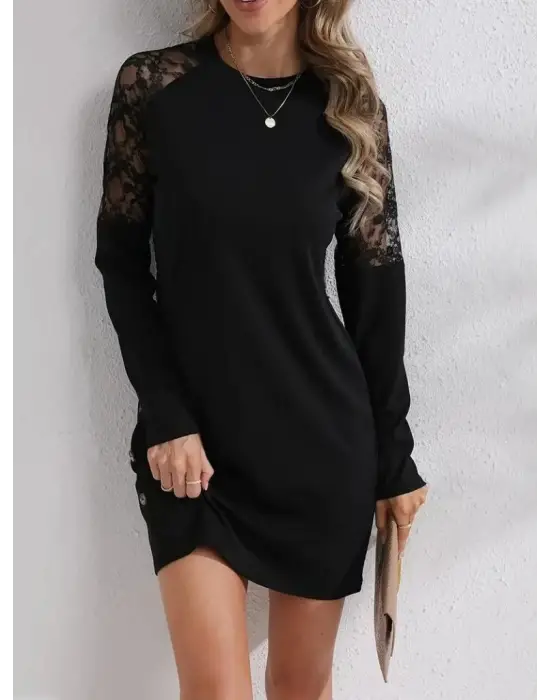 Kadın Uzun Kollu Bisiklet Yaka Dantel Detaylı Visk8n Iki Iplik Düğmeli Mini Elbise