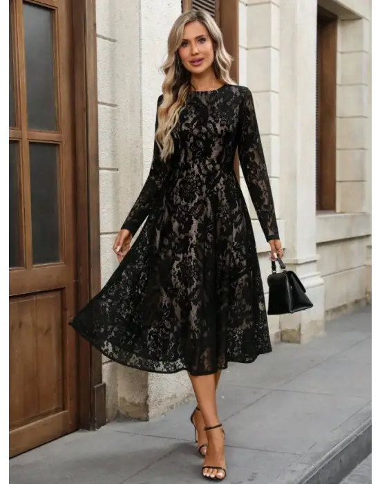 Kadın Uzun Kollu Bisiklet Yaka Dantelli Astarlı Midi Elbise