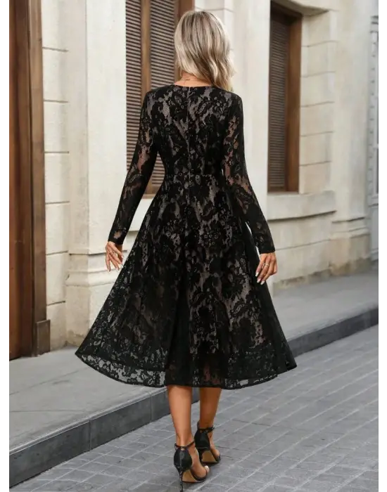 Kadın Uzun Kollu Bisiklet Yaka Dantelli Astarlı Midi Elbise