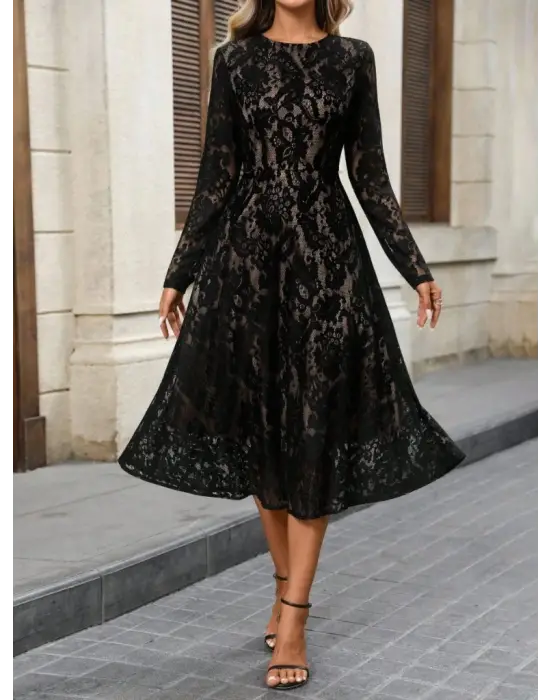 Kadın Uzun Kollu Bisiklet Yaka Dantelli Astarlı Midi Elbise