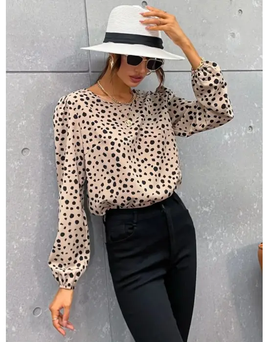 Kadın Desenli Uzun Kollu Bisiklet Yaka Bluz