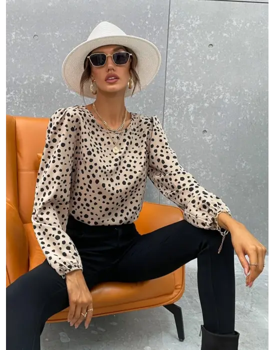 Kadın Desenli Uzun Kollu Bisiklet Yaka Bluz