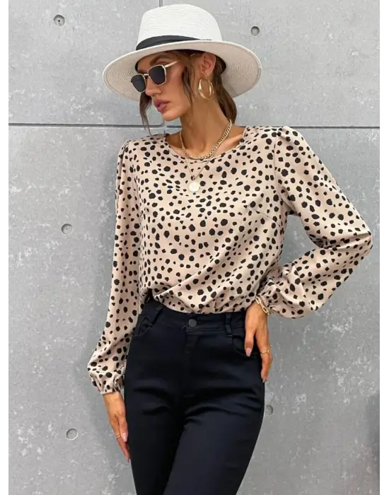 Kadın Desenli Uzun Kollu Bisiklet Yaka Bluz