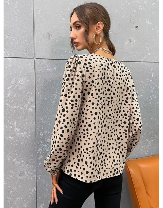 Kadın Desenli Uzun Kollu Bisiklet Yaka Bluz