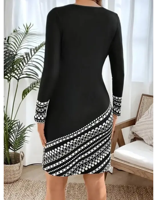 Kadın Uzun Kollu Bisiklet Yaka Desenli Dalgıç Elbise