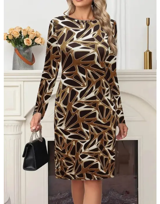 Kadın Uzun Kollu Bisiklet Yaka Desenli Dalgıç Kısa Elbise