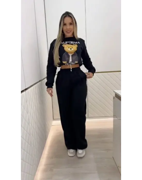 Kadın Uzun Kollu Bisiklet Yaka Desenli Iki Iplik şardonlu Bluz Ve Pantolon Ikili Takım