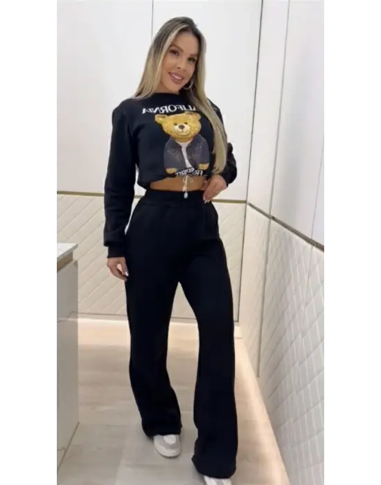 Kadın Uzun Kollu Bisiklet Yaka Desenli Iki Iplik şardonlu Bluz Ve Pantolon Ikili Takım