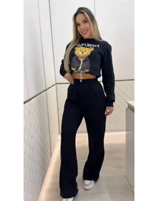 Kadın Uzun Kollu Bisiklet Yaka Desenli Iki Iplik şardonlu Bluz Ve Pantolon Ikili Takım