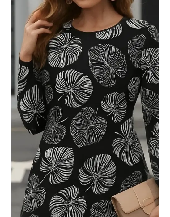 Kadın Uzun Kollu Bisiklet Yaka Desenli Kısa Krep Elbise