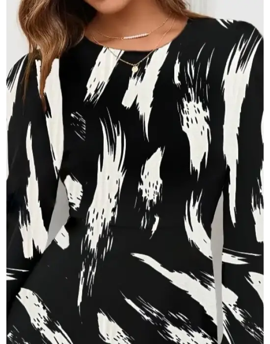 Kadın Uzun Kollu Bisiklet Yaka Desenli Kısa Krep Elbise