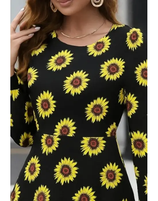 Kadın Uzun Kollu Bisiklet Yaka Desenli Kısa Krep Elbise