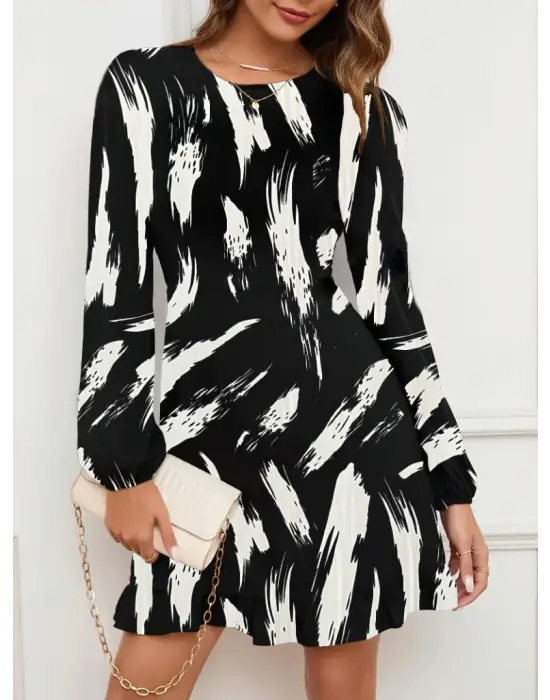 Kadın Uzun Kollu Bisiklet Yaka Desenli Kısa Krep Elbise