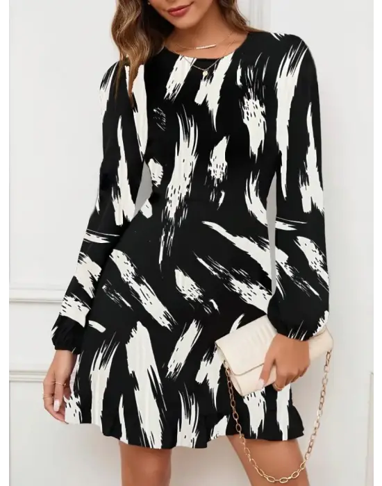 Kadın Uzun Kollu Bisiklet Yaka Desenli Kısa Krep Elbise