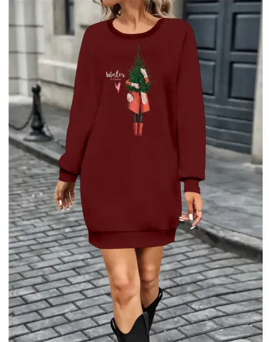 Omarı Zarif Desenli Uzun Kollu Kadın Elbisesi