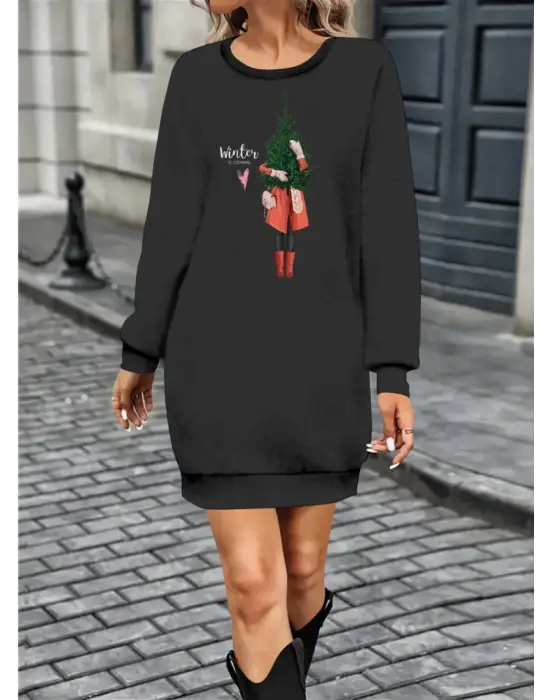 Omarı Renkli Desenli Kadın Uzun Kollu Elbise