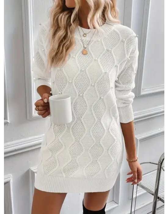 Kadın Uzun Kollu Bisiklet Yaka Desenli Triko Elbise