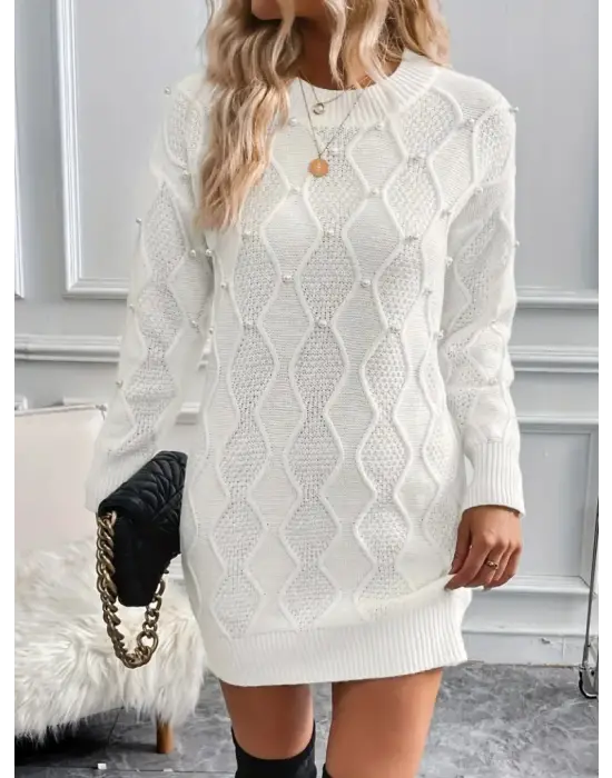 Kadın Uzun Kollu Bisiklet Yaka Desenli Triko Elbise