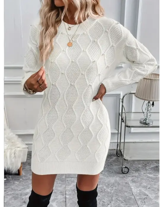 Kadın Uzun Kollu Bisiklet Yaka Desenli Triko Elbise