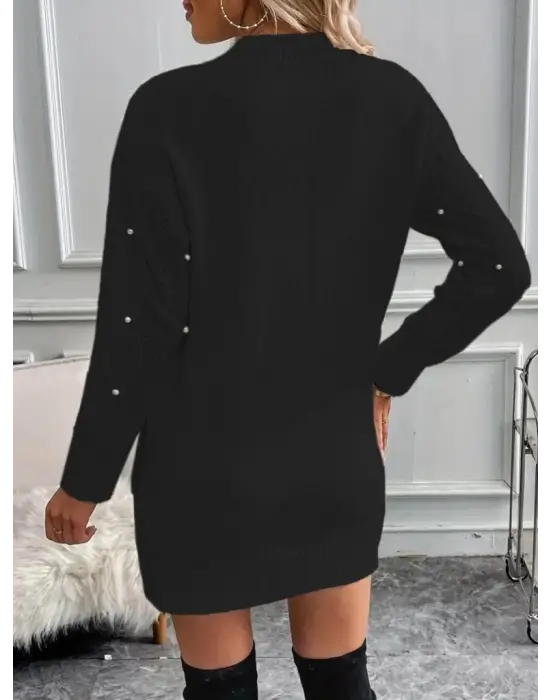 Kadın Uzun Kollu Bisiklet Yaka Desenli Triko Elbise