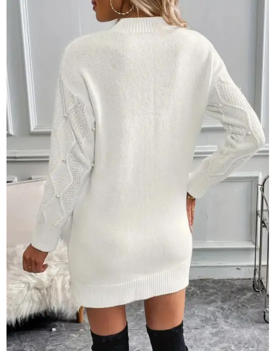 Kadın Uzun Kollu Bisiklet Yaka Desenli Triko Elbise