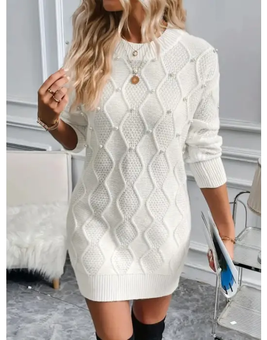 Kadın Uzun Kollu Bisiklet Yaka Desenli Triko Elbise