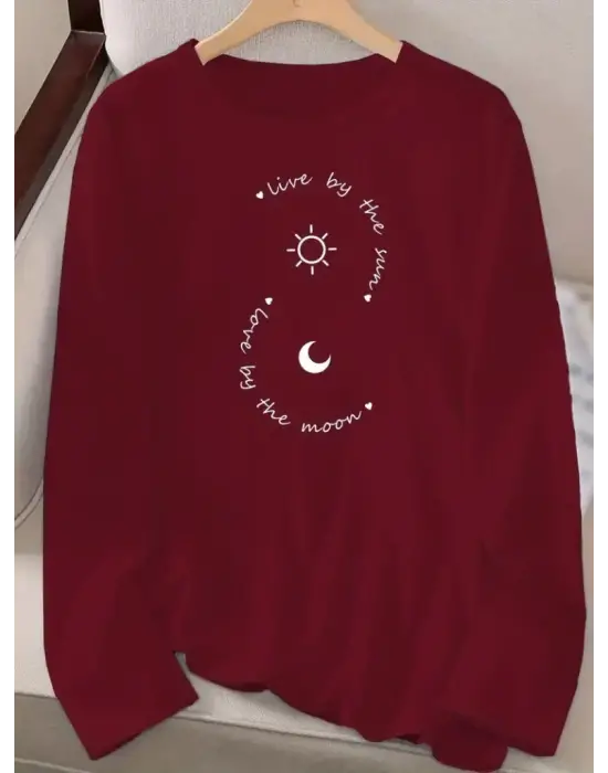 Kadın Uzun Kollu Bisiklet Yaka Desenli Viskon Bluz