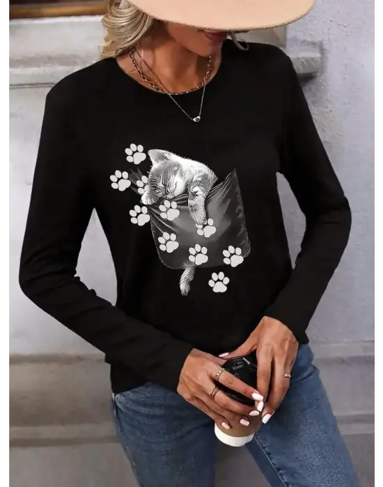 Omarı Şık Kadın Desenli Uzun Kollu Bluz