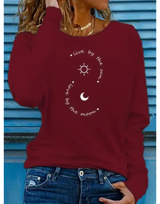 Kadın Uzun Kollu Bisiklet Yaka Desenli Viskon Bluz