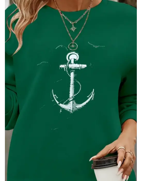 Kadın Uzun Kollu Bisiklet Yaka Desenli Viskon Iki Iplik Bluz