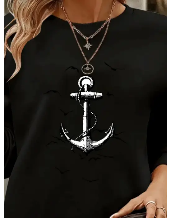 Kadın Uzun Kollu Bisiklet Yaka Desenli Viskon Iki Iplik Bluz