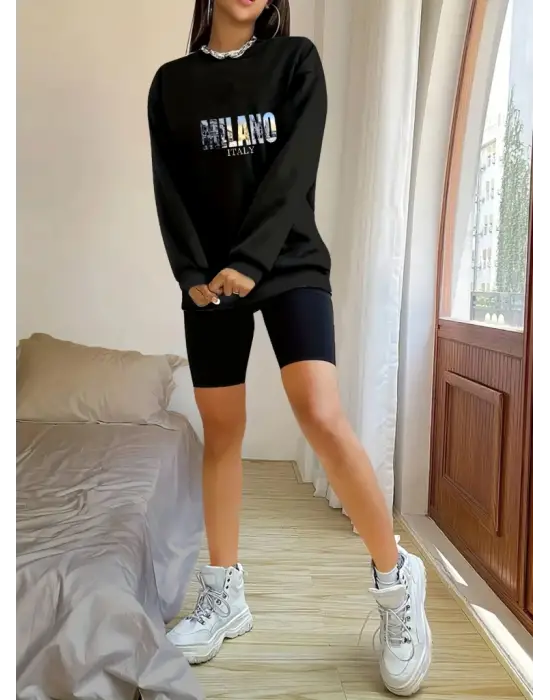 Kadın Uzun Kollu Bisiklet Yaka Desenli Viskon Iki Iplik Bluz