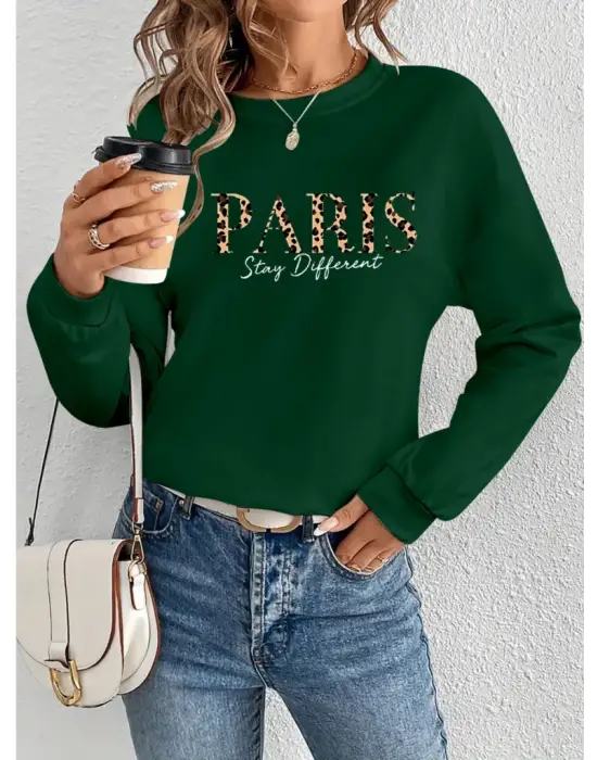 Kadın Uzun Kollu Bisiklet Yaka Desenli Viskon Iki Iplik Bluz