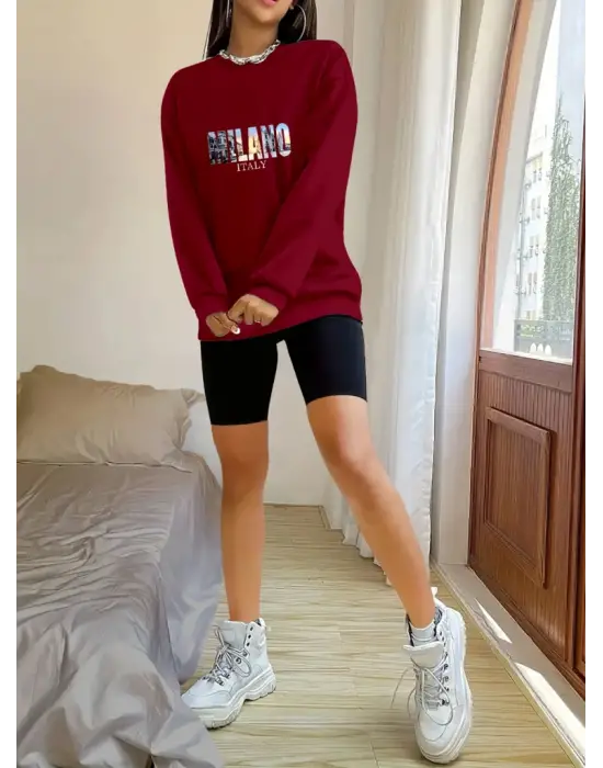 Kadın Uzun Kollu Bisiklet Yaka Desenli Viskon Iki Iplik Bluz