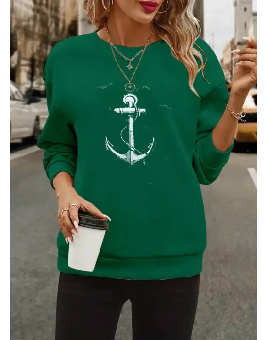 Kadın Uzun Kollu Bisiklet Yaka Desenli Viskon Iki Iplik Bluz