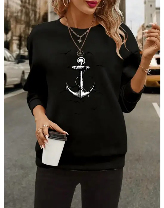 Kadın Uzun Kollu Bisiklet Yaka Desenli Viskon Iki Iplik Bluz