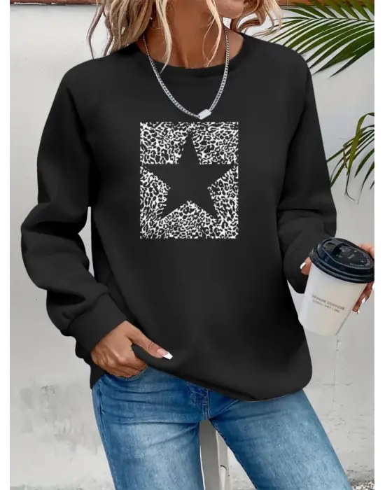 Kadın Uzun Kollu Bisiklet Yaka Desenli Viskon Iki Iplik Bluz