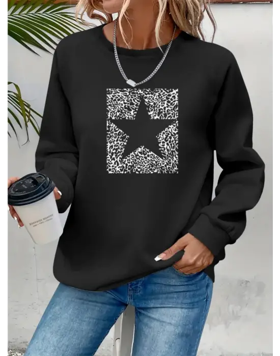 Kadın Uzun Kollu Bisiklet Yaka Desenli Viskon Iki Iplik Bluz