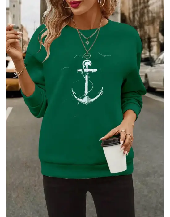 Kadın Uzun Kollu Bisiklet Yaka Desenli Viskon Iki Iplik Bluz