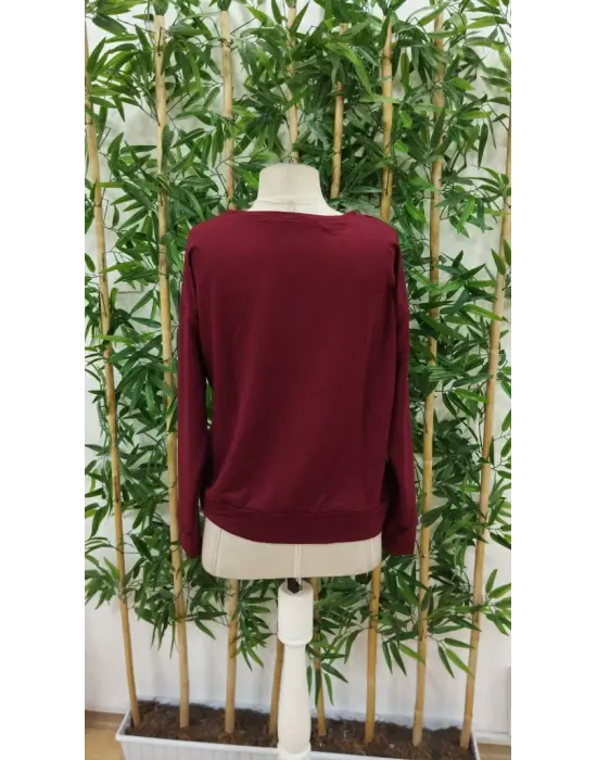 Omarı Desenli Viskon Kadın Bluzu Uzun Kollu Bisiklet Yaka