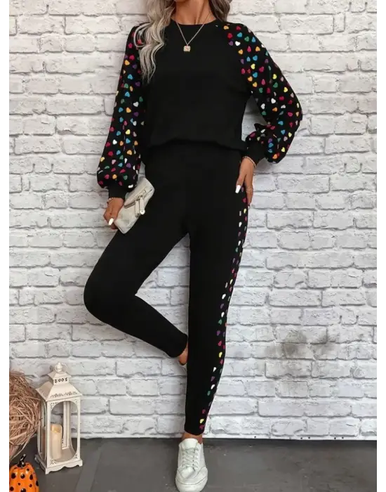 Kadın Uzun Kollu Bisiklet Yaka Desenli Viskon Iki Iplik Bluz Ve Pantolon Ikili Takım